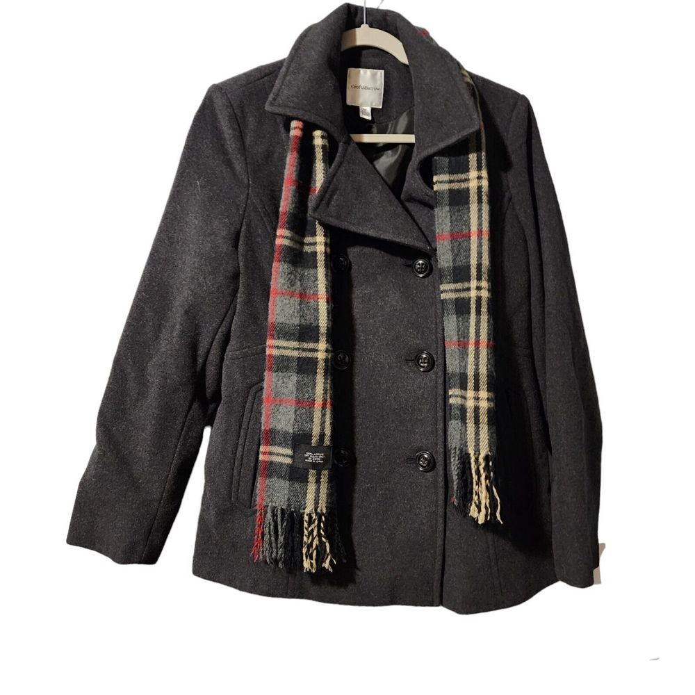 Croft and Barrow Wool Womens Pea Coat Jacket Size Medium Black W/ Scarf